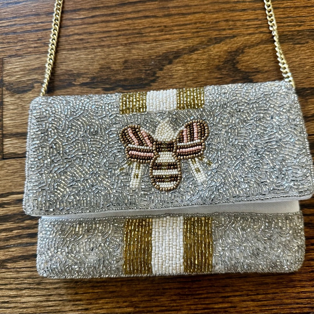 Beaded Bee-Accent Silver Evening Crossbody
